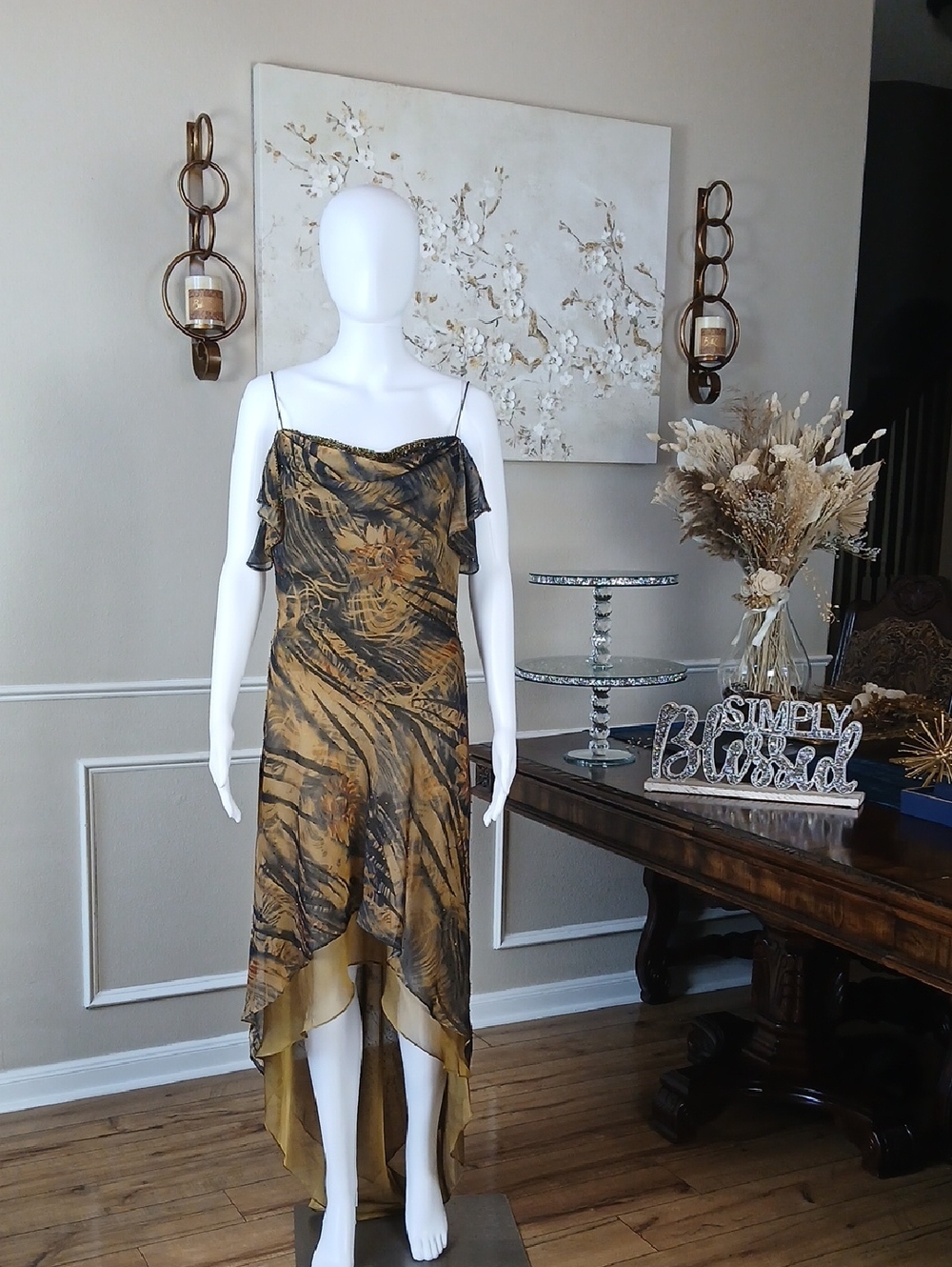 Women's Floral Abstract Fairy Asymmetrical High Low Beaded Slip Dress Medium